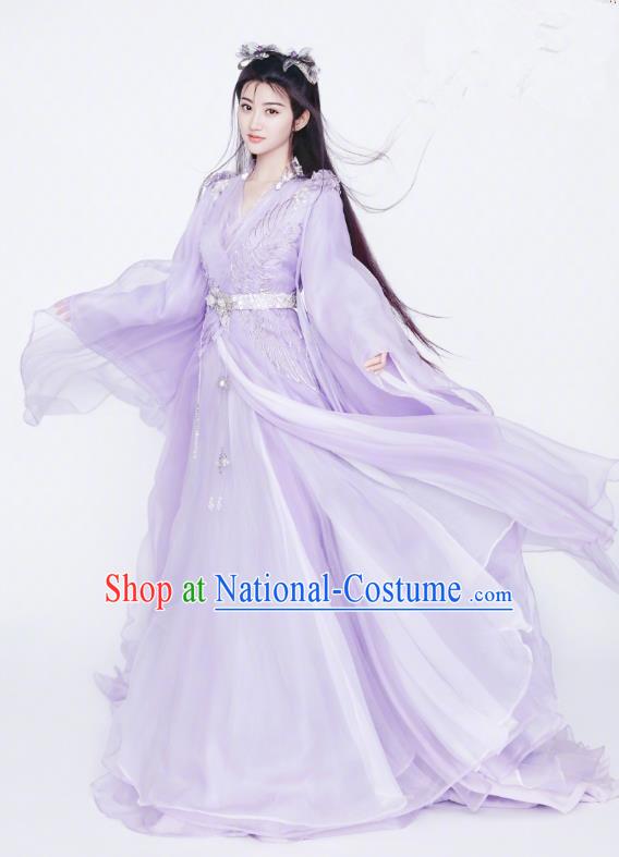 Chinese Ancient Fairy Apparels Garment and Hair Accessories Wuxia Drama The King of Blaze Apparels Qian Mei Purple Dress Costumes