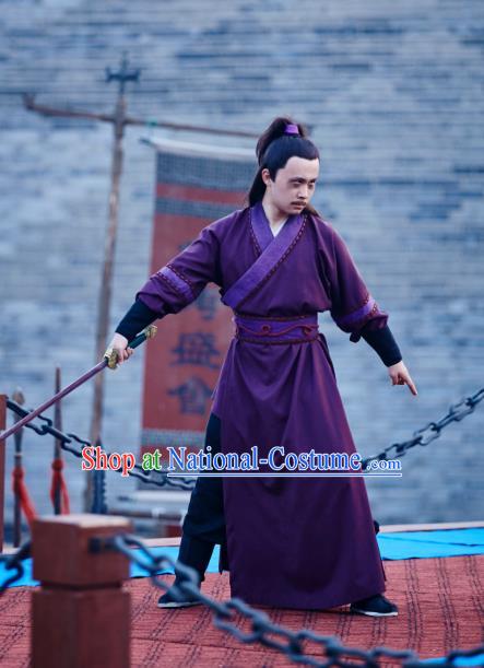 Chinese Ancient Knight Purple Apparels Knight Costumes and Headwear Wuxia Drama Xiya Xia Garment