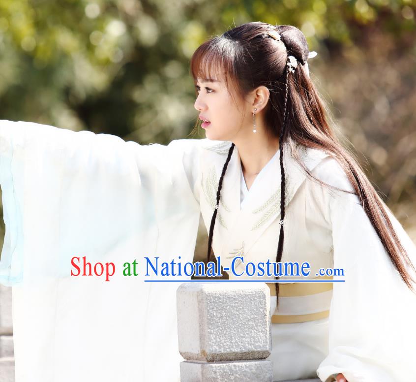 Chinese Ancient Fairy Garment Costumes and Hair Accessories Drama I am A Pet At Dali Temple Female Swordsman Ru Xiaolan White Dress