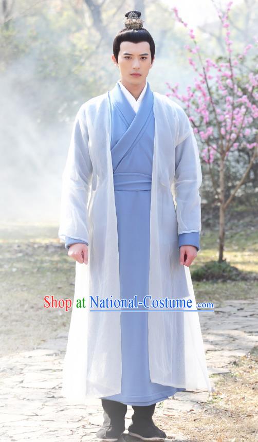 Chinese Ancient Swordsman Blue Garment Costumes and Headpiece Drama I am A Pet At Dali Temple Official Qing Moyan Apparels