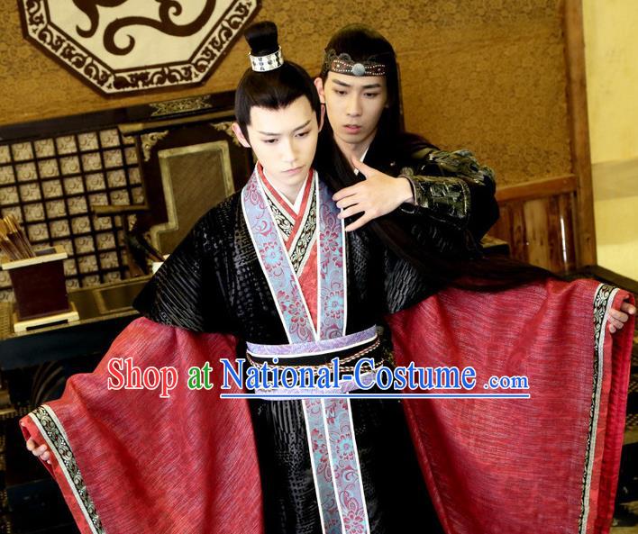 Chinese Ancient Lord Garment Costumes and Hairdo Crown Drama Men With Sword Swordsman Prince Murong Li Hanfu Apparels