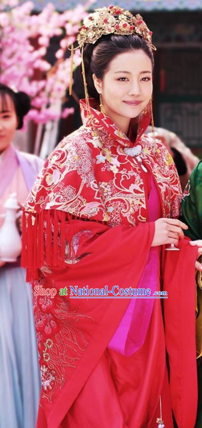 Chinese Ancient Wedding Apparels Costumes and Phoenix Coronet Drama Legend of the Concubinage Bride Qin Zhiruo Red Hanfu Dress Garment