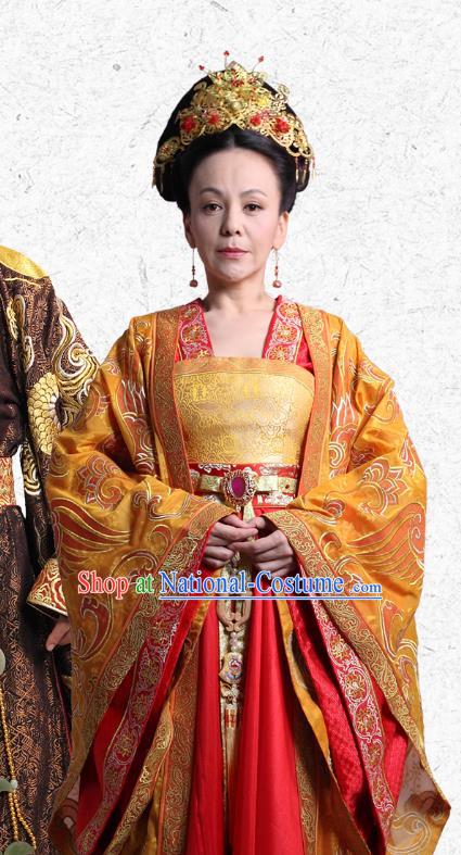 Chinese Ancient Palace Queen Garment Costumes and Phoenix Coronet Drama The World of Love Empress Golden Hanfu Dress