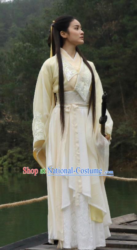 Chinese Ancient Ming Dynasty Garment Beige Dress Costumes and Headpieces Drama Legend of the Concubinage Female Swordsman Liu Ruobing Apparels