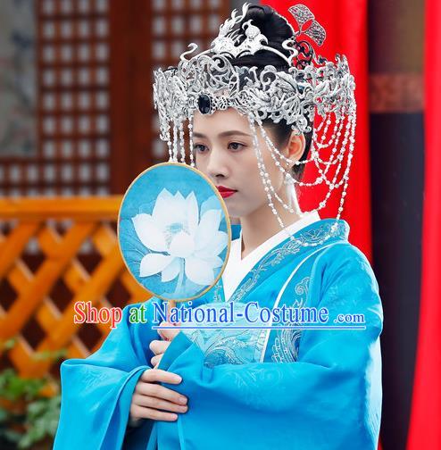 Chinese Ancient Bride Apparels Costumes and Headdress Drama The Starry Night The Starry Sea Noble Lady Lu Li Blue Dress Garment