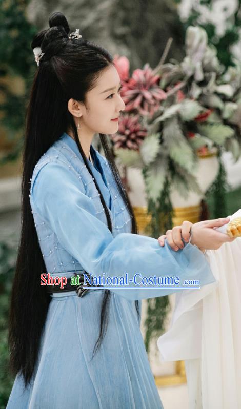 Chinese Ancient Goddess Blue Garment Drama Eternal Love of Dream Female Immortal Cheng Yu Dress and Headpieces Complete Set