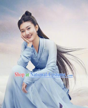 Chinese Ancient Immortal Blue Dress Costumes Drama Eternal Love of Dream Goddess Cheng Yu Garment and Headwear