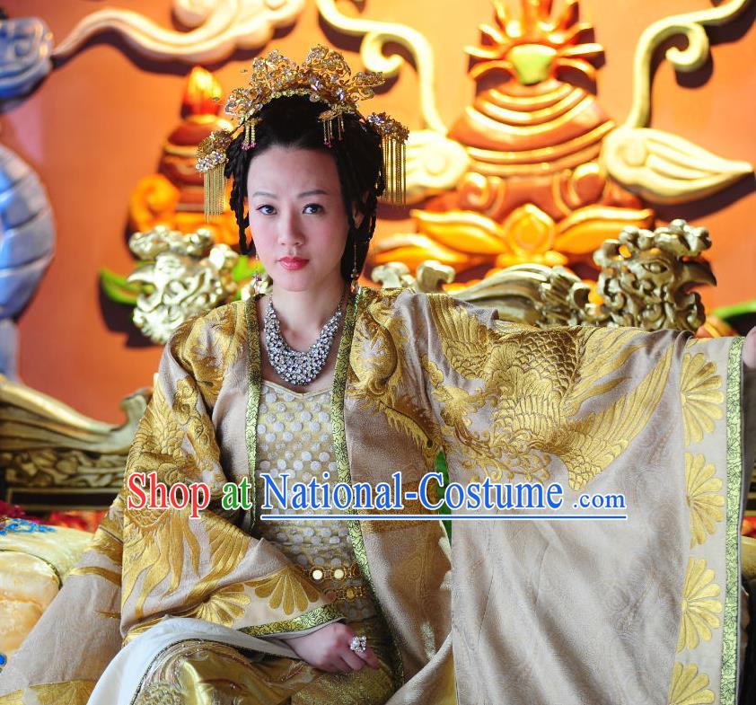 Chinese Ancient Queen Golden Costumes Garment and Headdress Drama The Empress Court Queen Fang Wanzhi Dress Apparels