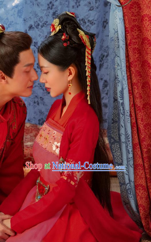 Chinese Ancient Village Girl Red Hanfu Dress Costumes and Headpieces Drama Earth Smoke Sparkle Kitchen Hua Xiaomai Apparels Wedding Garment