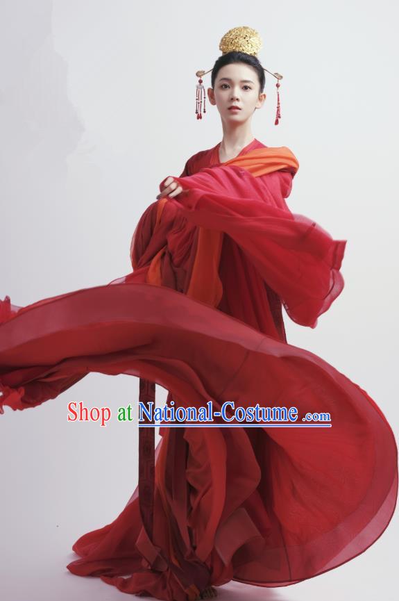 Chinese Ancient Tang Dynasty Red Hanfu Dress Apparels Costumes and Headdress Drama Wu Xin The Monster Killer Noble Lady Liu Qingluan Garment