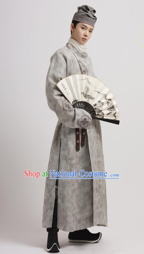 Chinese Ancient Swordsman Grey Garment and Headwear Drama Wu Xin The Monster Killer Tang Dynasty Kawaler Liu Qinghu Apparels Clothing