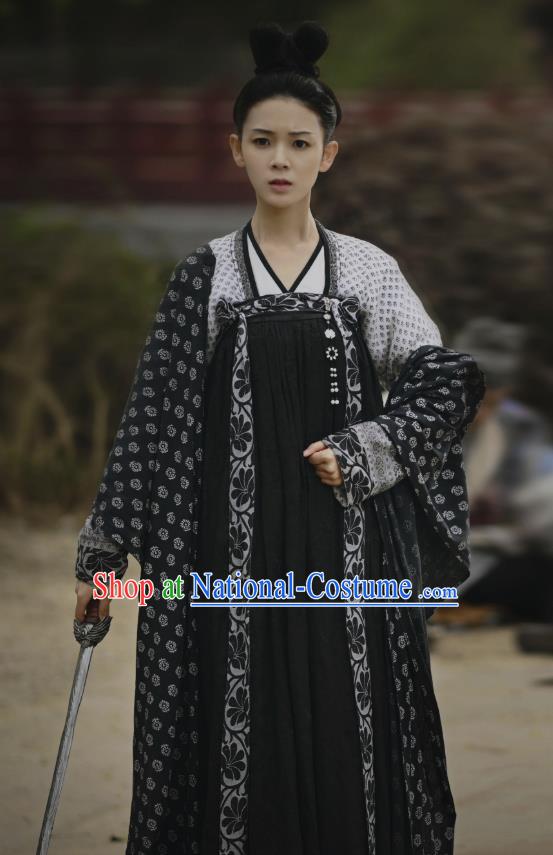 Chinese Ancient Tang Dynasty Black Hanfu Dress Apparels Costumes and Headpieces Drama Wu Xin The Monster Killer Court Maid Liu Qingluan Garment