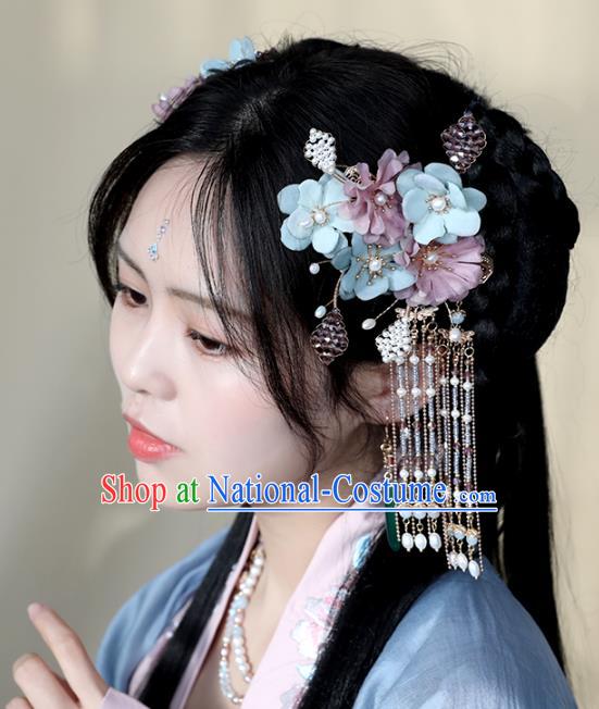 Chinese Ancient Hair Jewelry Accessories Silk Flowers Tassel Hairpins Headwear Headdress for Women