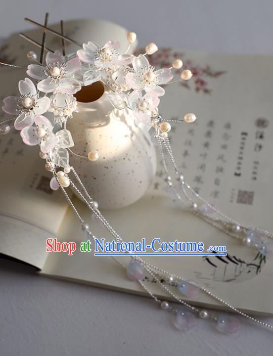 Chinese Ancient Hair Jewelry White Sakura Tassel Hairpins Headwear Accessories Headdress for Women