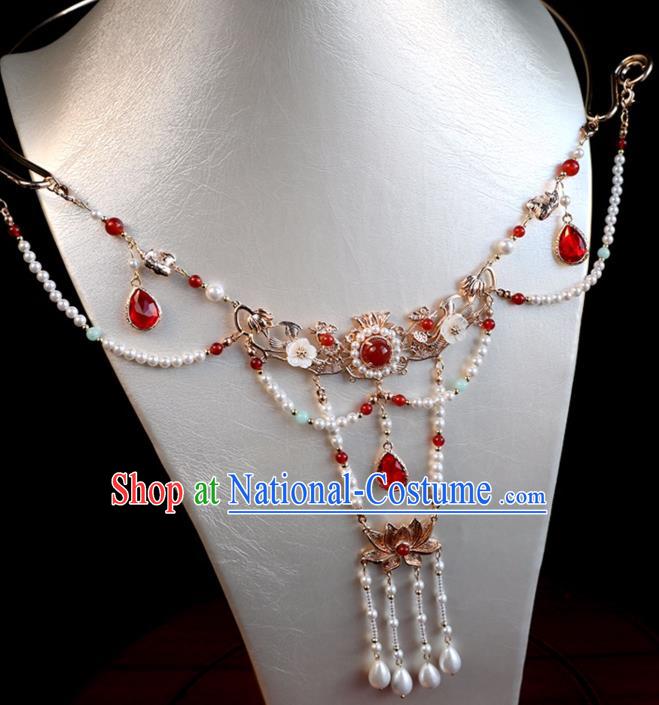 Chinese Ancient Hanfu Beads Tassel Necklace Women Jewelry Ming Dynasty Red Crystal Necklet Accessories