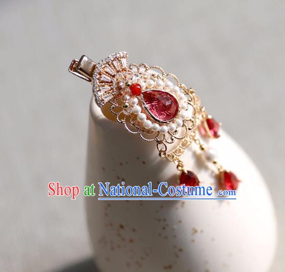 Chinese Ancient Red Crystal Hair Claws Jewelry Headwear Hair Accessories Tassel Pearls Hair Stick for Women