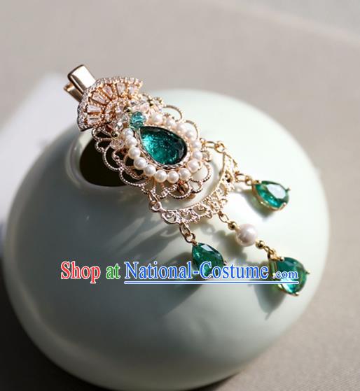 Chinese Ancient Green Crystal Hair Claws Jewelry Headwear Hair Accessories Tassel Pearls Hair Stick for Women