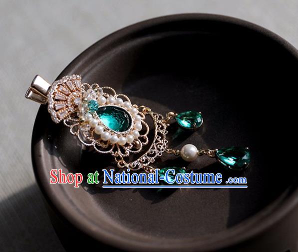 Chinese Ancient Green Crystal Hair Claws Jewelry Headwear Hair Accessories Tassel Pearls Hair Stick for Women