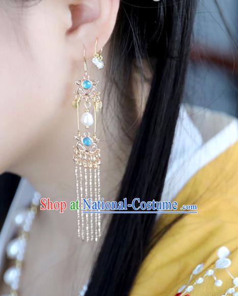 Chinese Ancient Hanfu Blue Crystal Earrings Women Jewelry Ming Dynasty Tassel Ear Accessories