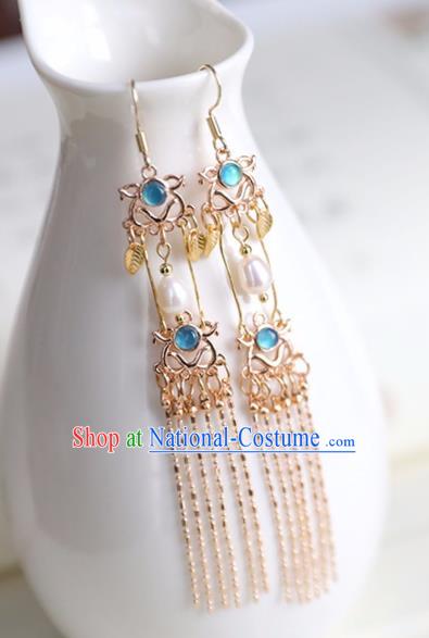 Chinese Ancient Hanfu Blue Crystal Earrings Women Jewelry Ming Dynasty Tassel Ear Accessories