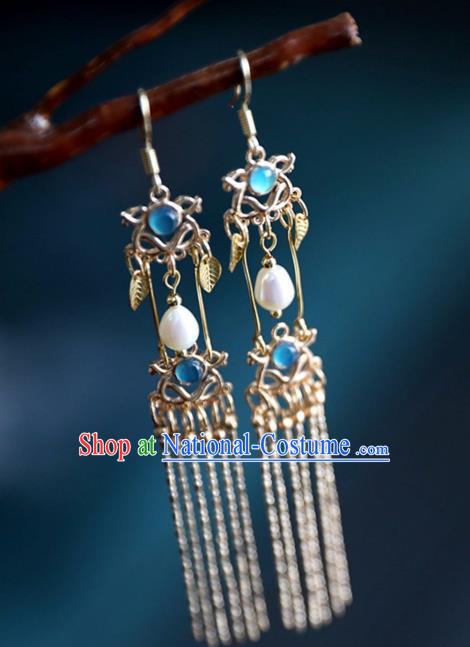 Chinese Ancient Hanfu Blue Crystal Earrings Women Jewelry Ming Dynasty Tassel Ear Accessories