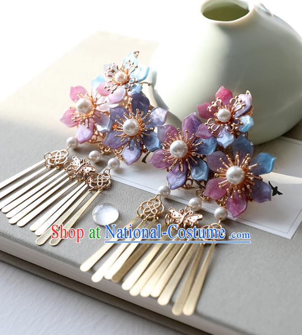 Chinese Ancient Colorful Flowers Hair Claw Jewelry Headwear Hair Accessories Tassel Hair Stick for Women