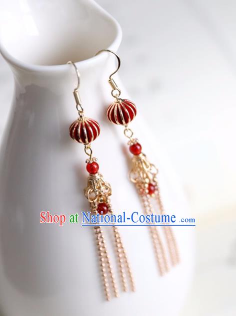 Chinese Ancient Hanfu Red Lantern Earrings Women Jewelry Ming Dynasty Tassel Ear Accessories