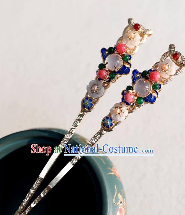 Chinese Ancient Gems Hairpins Jewelry Headwear Hair Accessories Ming Dynasty Women Cloisonne Hair Clips