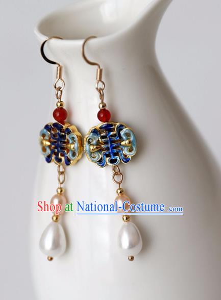 Chinese Ancient Hanfu Cloisonne Earrings Women Jewelry Ming Dynasty Pearls Ear Accessories