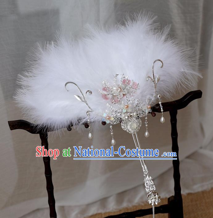 Chinese Ancient Feather Fan Women Accessories Pearls Tassel Fan