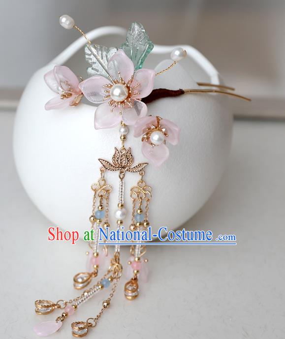 Chinese Ancient Hanfu Pink Peach Flowers Hair Clip Women Headwear Tassel Hairpin Hair Accessories