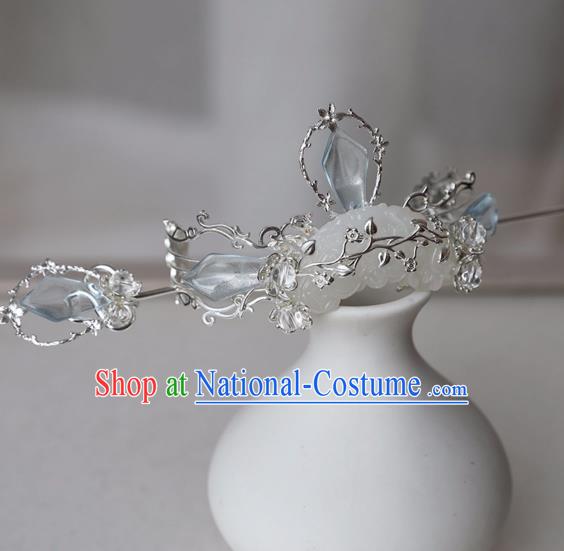 Chinese Ancient Hanfu Blue Crystal Hair Crown Women Headwear Hairpin Jade Hair Accessories