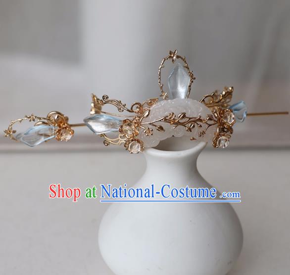 Chinese Ancient Hanfu Blue Crystal Golden Hair Crown Women Headwear Hairpin Jade Hair Accessories