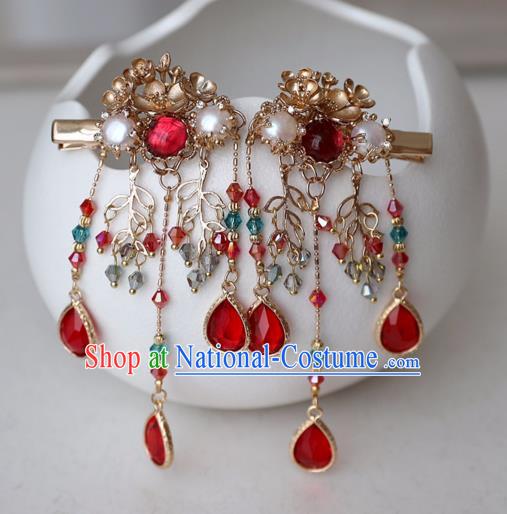 Chinese Ancient Red Crystal Golden Hair Claws Women Headwear Hairpin Hanfu Hair Accessories Tassel Hair Sticks