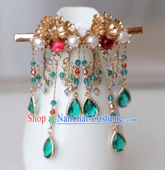 Chinese Ancient Green Crystal Golden Hair Claws Women Headwear Hairpin Hanfu Hair Accessories Tassel Hair Sticks