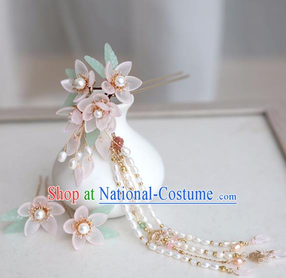 Chinese Ancient Women Pink Flowers Hair Clip Headwear Pearls Tassel Hairpin Hanfu Hair Accessories