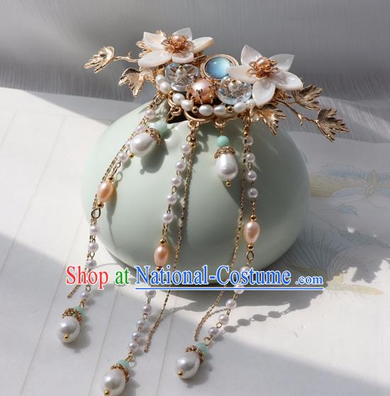 Chinese Ancient Women Shell Flowers Hair Claws Headwear Hanfu Hair Accessories Pearls Tassel Hair Stick