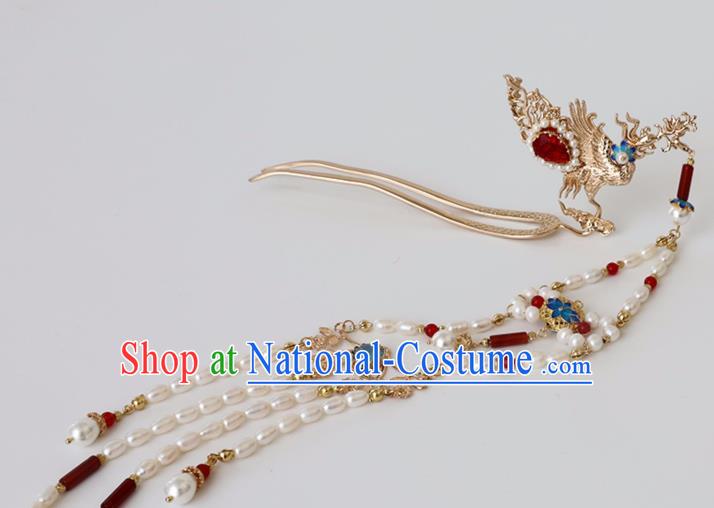 Chinese Ancient Hanfu Agate Pearls Tassel Hair Clip Women Headwear Phoenix Hairpin Hair Accessories