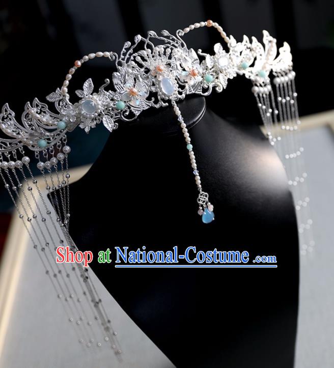 Chinese Ancient Pearls Phoenix Coronet Wedding Jewelry Headwear Hair Accessories Hanfu Tassel Hairpins for Women