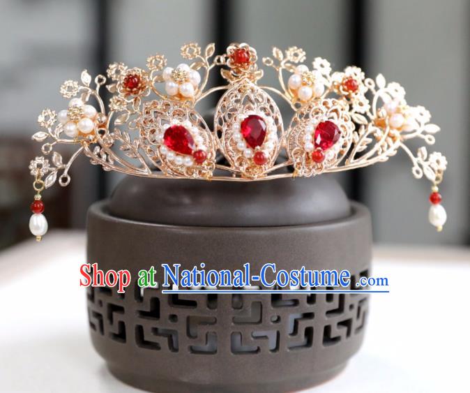 Chinese Ancient Red Crystal Hair Crown Headwear Women Hair Accessories Ming Dynasty Pearls Hairpin Hair Comb