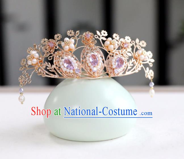 Chinese Ancient Purple Crystal Hair Crown Headwear Women Hair Accessories Ming Dynasty Pearls Hairpin Hair Comb