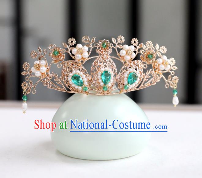 Chinese Ancient Green Crystal Hair Crown Headwear Women Hair Accessories Ming Dynasty Pearls Hairpin Hair Comb