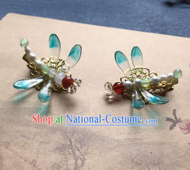 Chinese Ancient Women Blue Dragonfly Hair Claws Handmade Hairpin Headwear Hanfu Hair Accessories Pearls Hair Stick