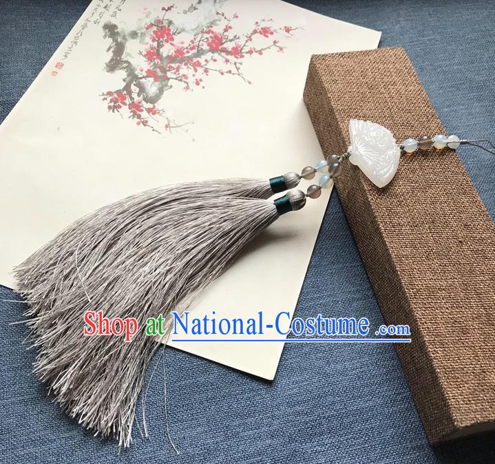 Chinese Ancient Hanfu Carving Fan Jade Grey Tassel Pendant Waist Accessories Jade Lappet Jewelry