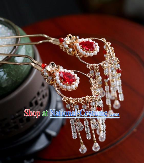 Chinese Ancient Red Crystal Hair Clips Headwear Women Hair Accessories Ming Dynasty Beads Tassel Hairpin