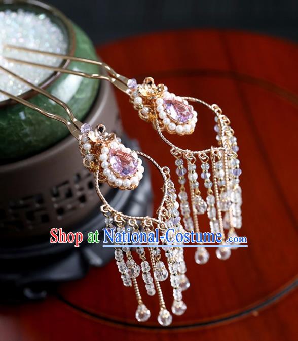 Chinese Ancient Purple Crystal Hair Clips Headwear Women Hair Accessories Ming Dynasty Beads Tassel Hairpin