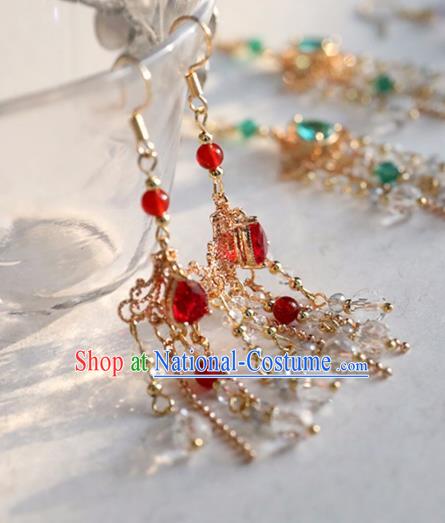 Chinese Ancient Hanfu Red Crystal Earrings Women Jewelry Ming Dynasty Golden Ear Accessories