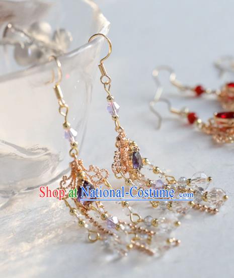 Chinese Ancient Hanfu Purple Crystal Earrings Women Jewelry Ming Dynasty Golden Ear Accessories