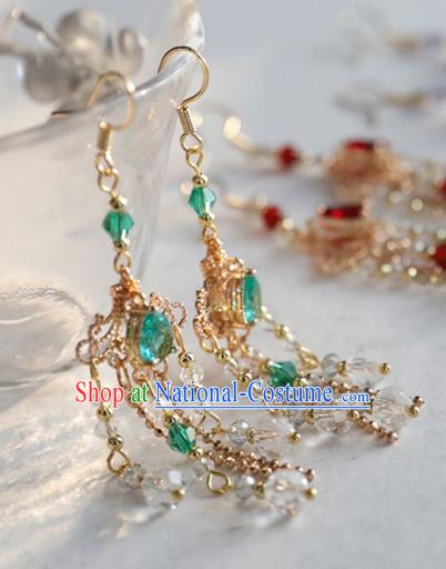 Chinese Ancient Hanfu Green Crystal Earrings Women Jewelry Ming Dynasty Golden Ear Accessories