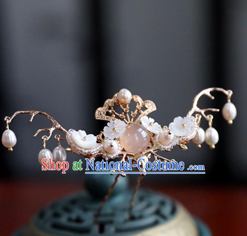 Chinese Ancient Pearls Tassel Hair Clip Headwear Women Hair Accessories Ming Dynasty Red Chalcedony Hairpin